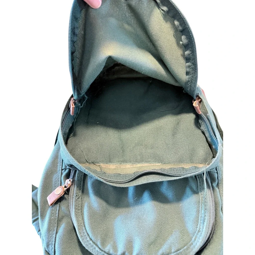 Vintage Eddie Bauer Green Nylon‎ Canvas Backpack Leather Bottom Daypack Bag
